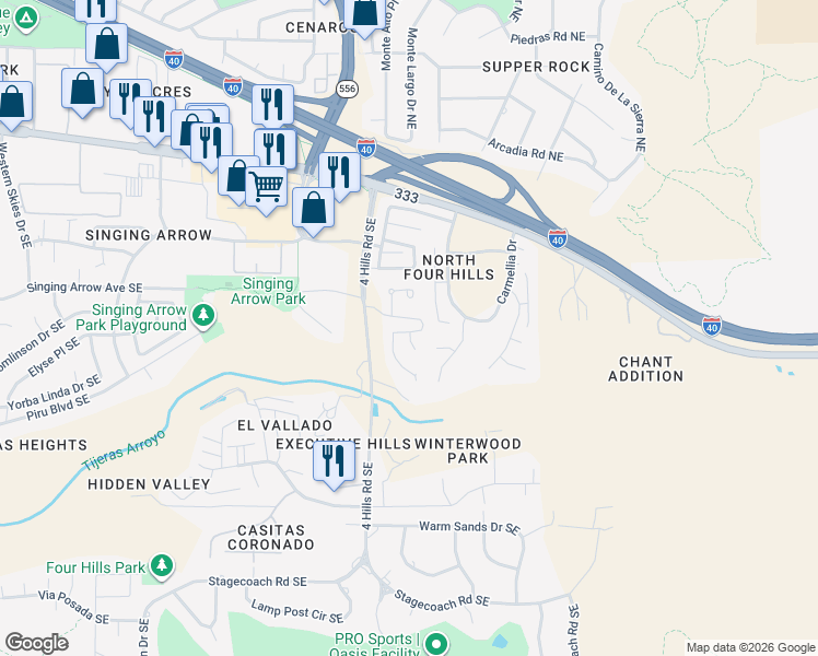 map of restaurants, bars, coffee shops, grocery stores, and more near 430 Pinon Creek Road Southeast in Albuquerque