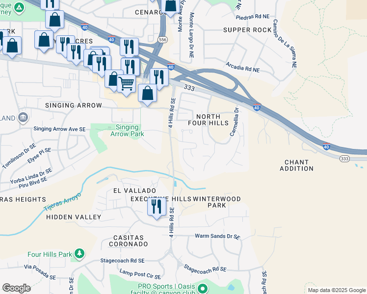 map of restaurants, bars, coffee shops, grocery stores, and more near 430 Pinon Creek Road Southeast in Albuquerque