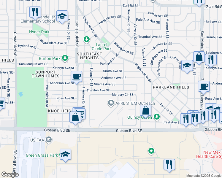 map of restaurants, bars, coffee shops, grocery stores, and more near 3915 Thaxton Avenue Southeast in Albuquerque