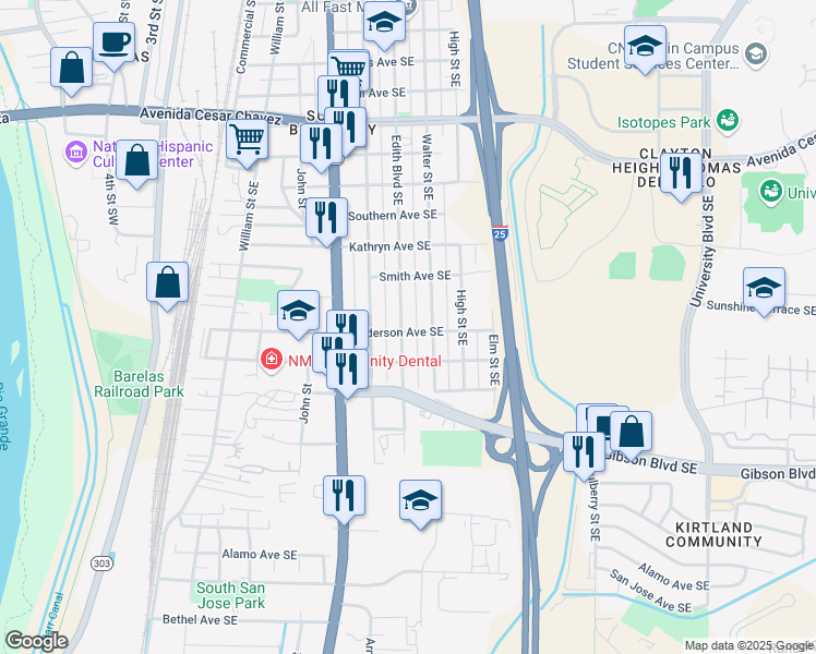 map of restaurants, bars, coffee shops, grocery stores, and more near 2008 Edith Boulevard Southeast in Albuquerque