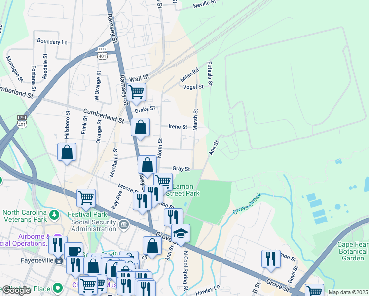 map of restaurants, bars, coffee shops, grocery stores, and more near 245 Tillinghast Street in Fayetteville