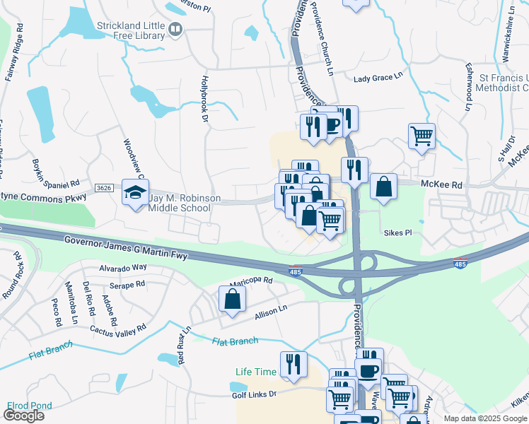 map of restaurants, bars, coffee shops, grocery stores, and more near 5433 Ballantyne Commons Parkway in Charlotte