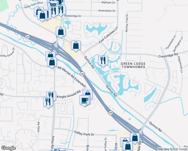 map of restaurants, bars, coffee shops, grocery stores, and more near 6797 The Willows Cove in Memphis