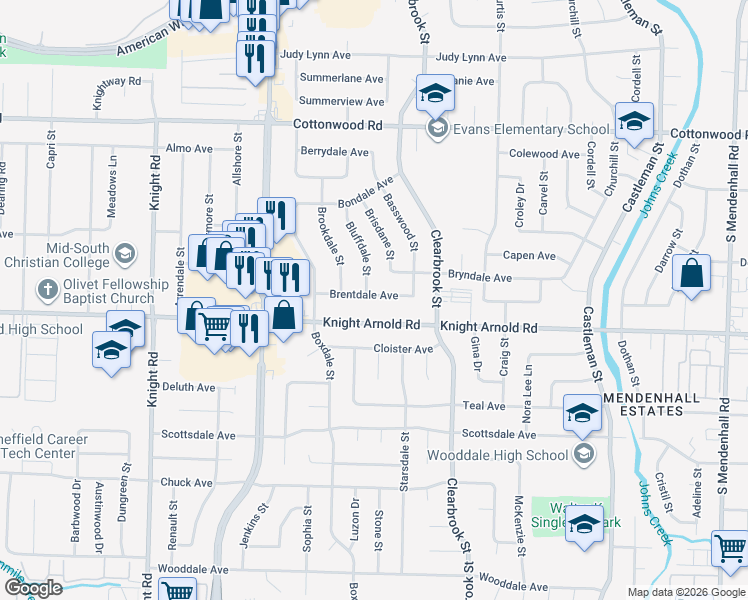 map of restaurants, bars, coffee shops, grocery stores, and more near 4876 Knight Arnold Road in Memphis