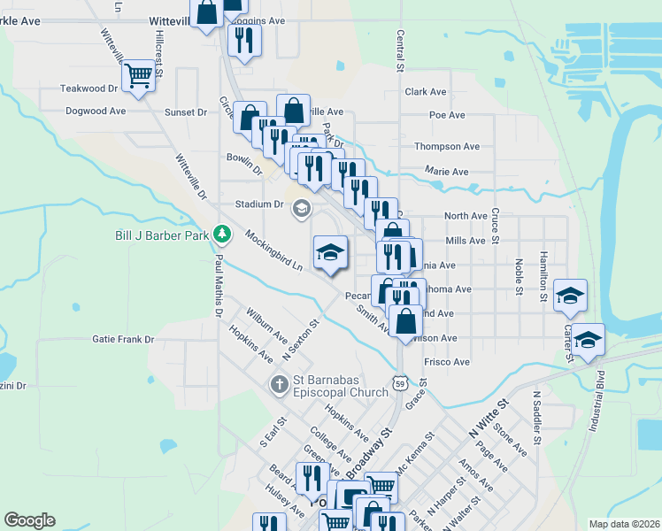 map of restaurants, bars, coffee shops, grocery stores, and more near 100 Mockingbird Ln in Poteau