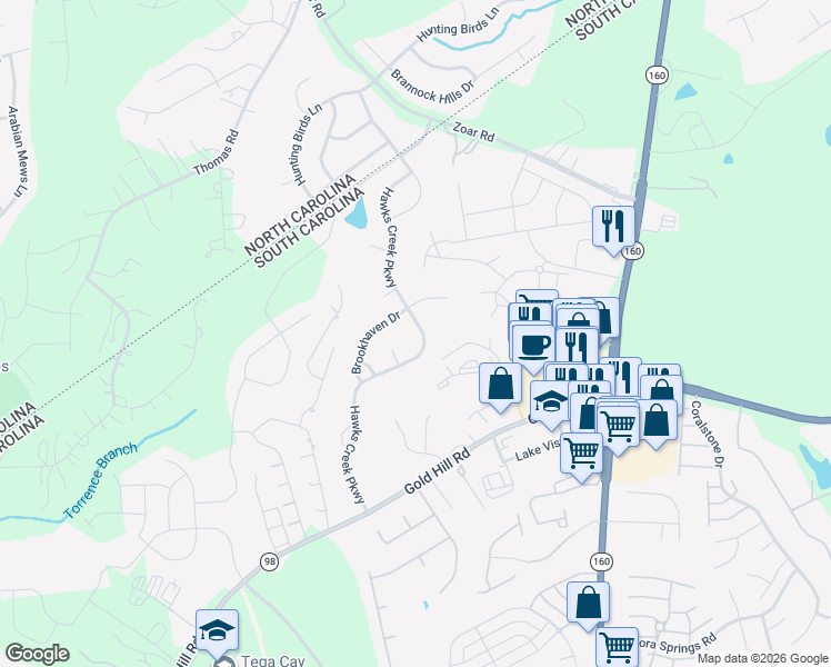 map of restaurants, bars, coffee shops, grocery stores, and more near 308 Hawks Creek Parkway in Fort Mill