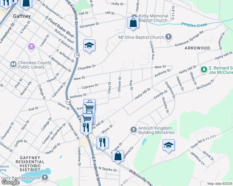 map of restaurants, bars, coffee shops, grocery stores, and more near 1207 Clary Street in Gaffney