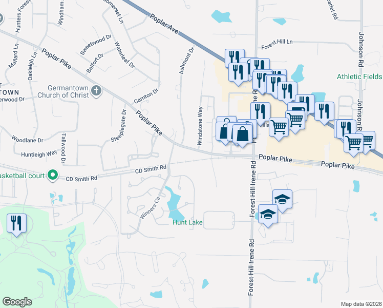 map of restaurants, bars, coffee shops, grocery stores, and more near 8949 Poplar Pike in Germantown