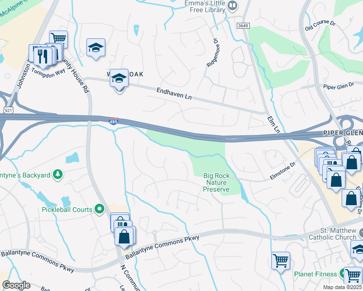 map of restaurants, bars, coffee shops, grocery stores, and more near 6930 Wolf Run Drive in Charlotte