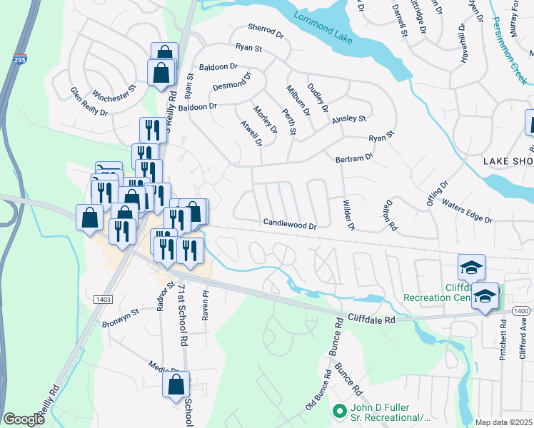 map of restaurants, bars, coffee shops, grocery stores, and more near 540 Auburndale Lane in Fayetteville
