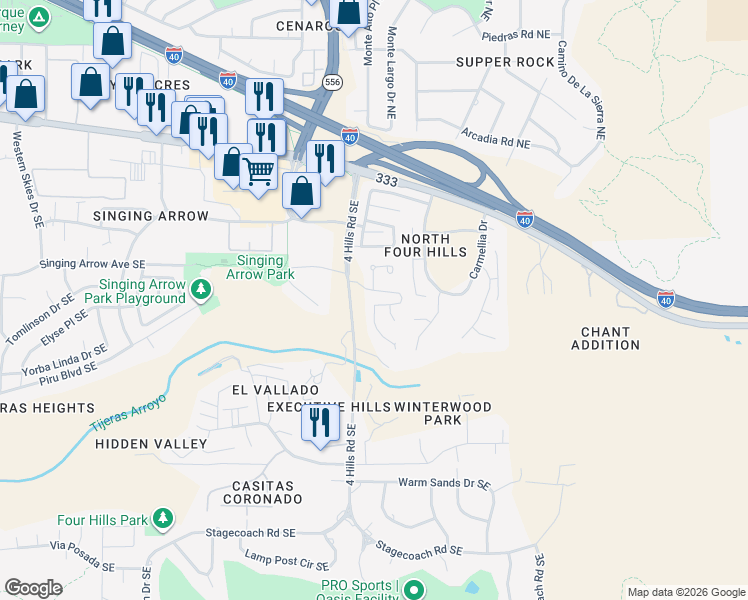 map of restaurants, bars, coffee shops, grocery stores, and more near 430 Pinon Creek Road Southeast in Albuquerque