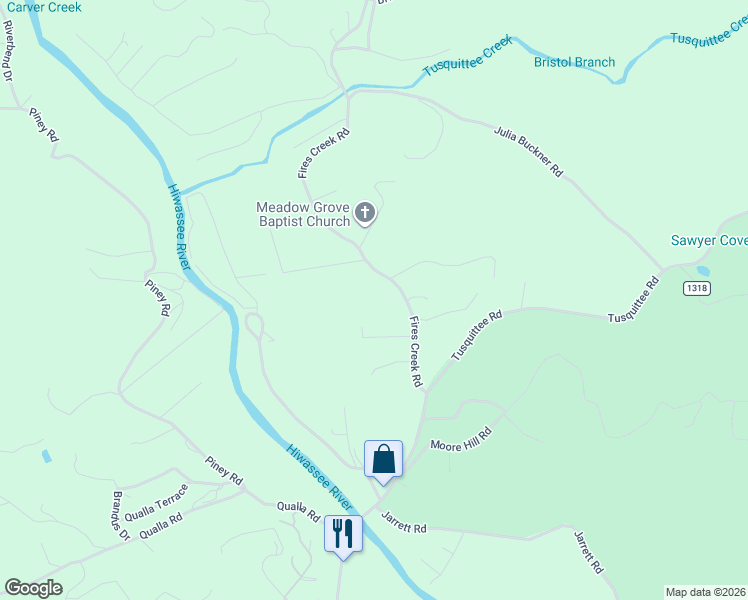 map of restaurants, bars, coffee shops, grocery stores, and more near 263 Fires Creek Road in Hayesville