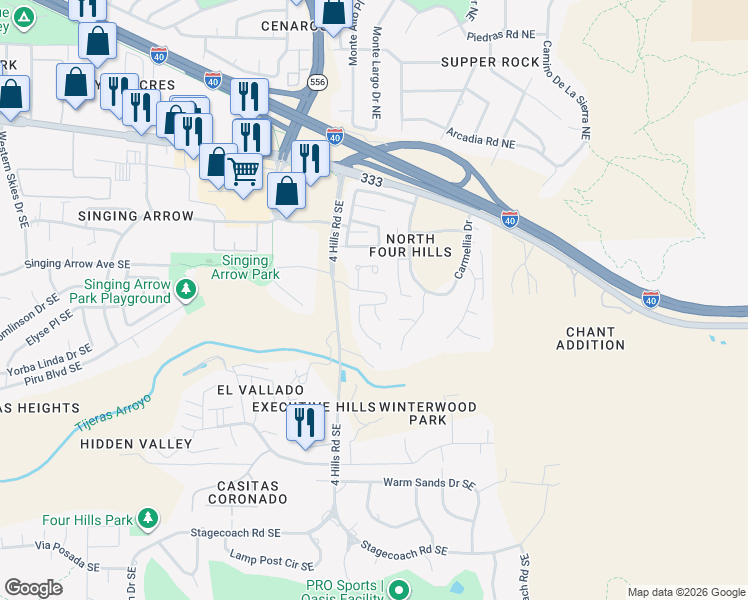 map of restaurants, bars, coffee shops, grocery stores, and more near 430 Pinon Creek Road Southeast in Albuquerque