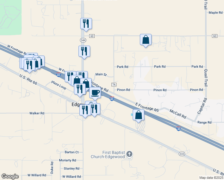 map of restaurants, bars, coffee shops, grocery stores, and more near 27 East Frontage Road in Edgewood