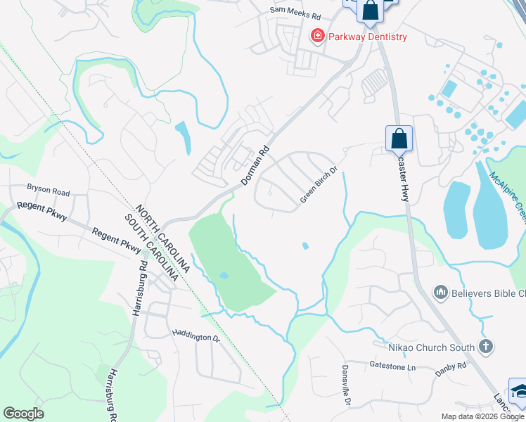 map of restaurants, bars, coffee shops, grocery stores, and more near 14424 Green Birch Drive in Pineville