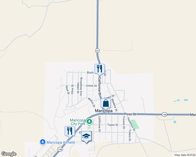 map of restaurants, bars, coffee shops, grocery stores, and more near 400 California Street in Maricopa