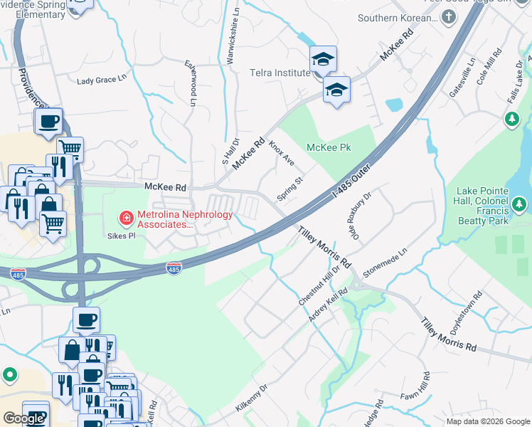 map of restaurants, bars, coffee shops, grocery stores, and more near 4417 Tullamore Lane in Charlotte