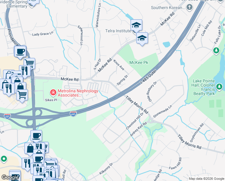 map of restaurants, bars, coffee shops, grocery stores, and more near 4417 Tullamore Lane in Charlotte
