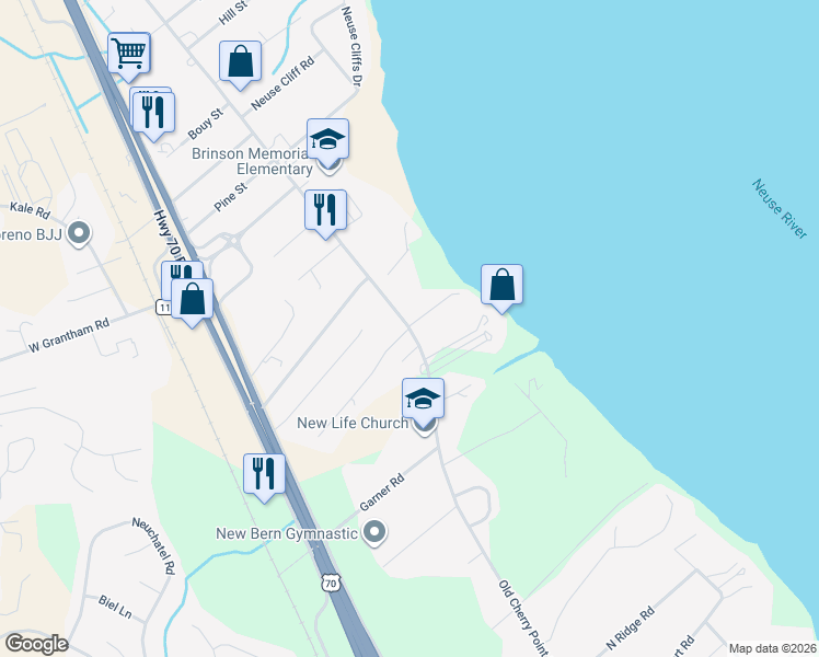 map of restaurants, bars, coffee shops, grocery stores, and more near 401 Swiss Road in New Bern