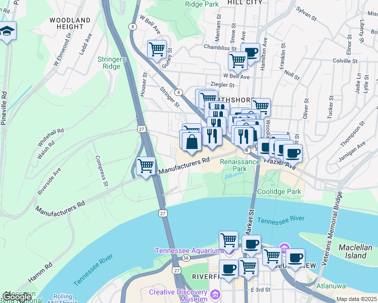 map of restaurants, bars, coffee shops, grocery stores, and more near 301 Manufacturers Road in Chattanooga