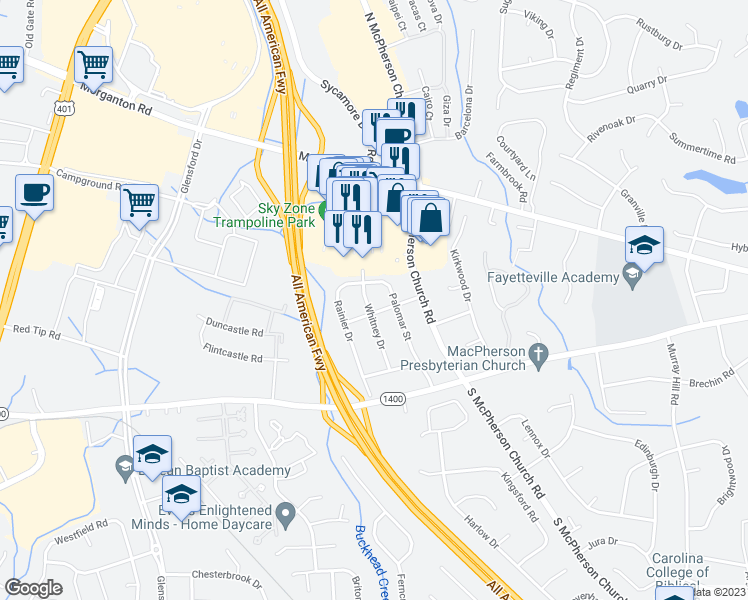 map of restaurants, bars, coffee shops, grocery stores, and more near 239 Whitney Drive in Fayetteville