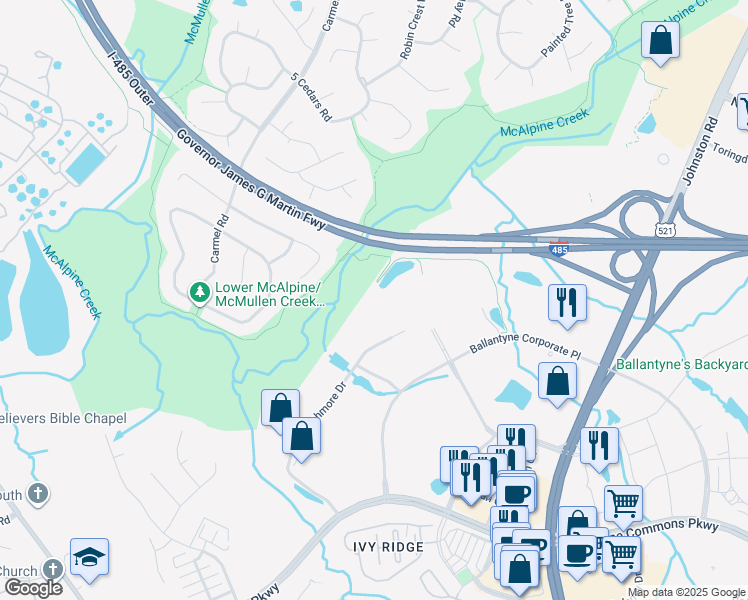 map of restaurants, bars, coffee shops, grocery stores, and more near 13856 Ballantyne Corporate Place in Charlotte