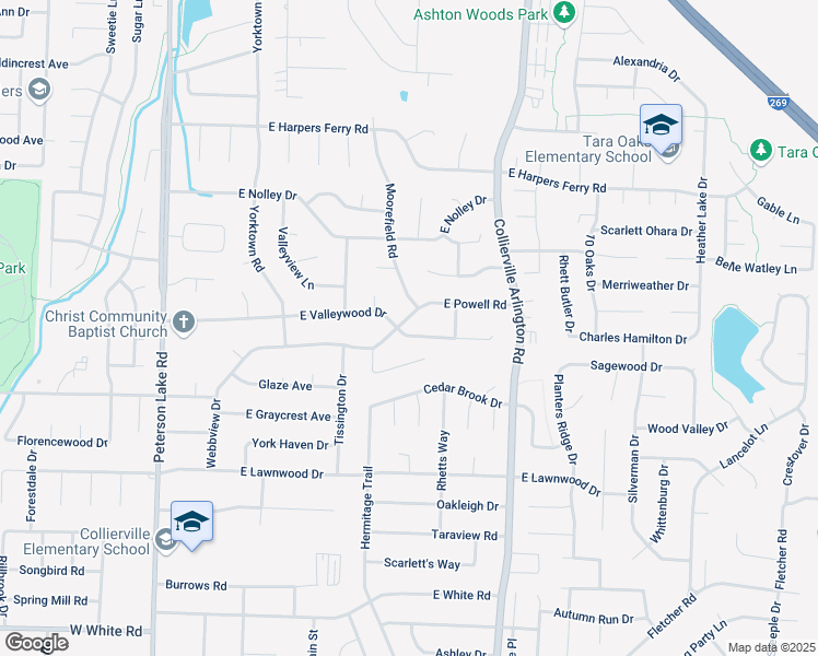 map of restaurants, bars, coffee shops, grocery stores, and more near 319 East Valleywood Drive in Collierville
