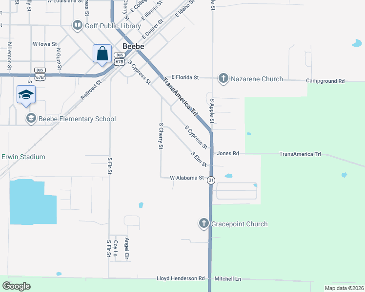 map of restaurants, bars, coffee shops, grocery stores, and more near 622 South Elm Street in Beebe