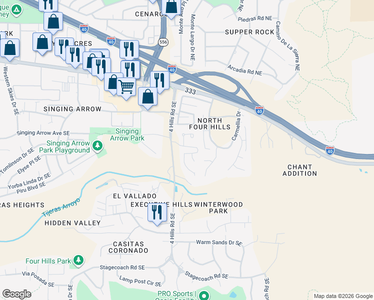 map of restaurants, bars, coffee shops, grocery stores, and more near 430 Pinon Creek Road Southeast in Albuquerque