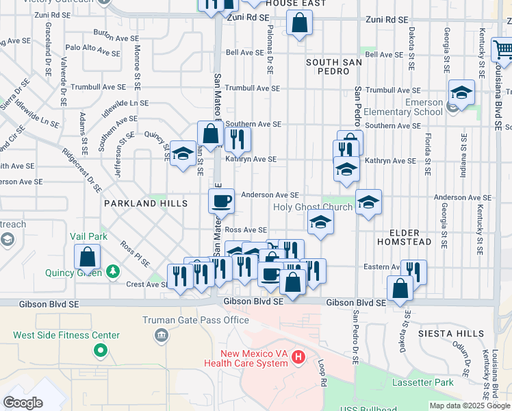 map of restaurants, bars, coffee shops, grocery stores, and more near 1130 Madeira Drive Southeast in Albuquerque