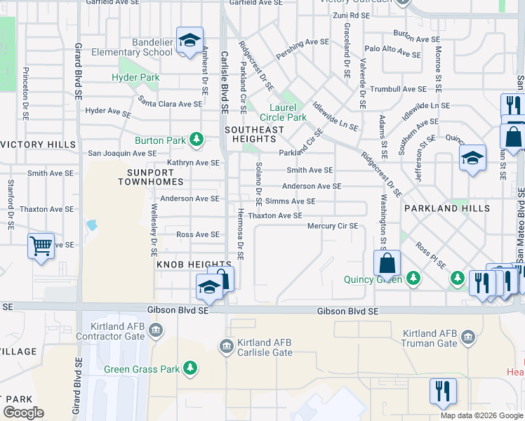 map of restaurants, bars, coffee shops, grocery stores, and more near 4104 Mercury Circle Southeast in Albuquerque