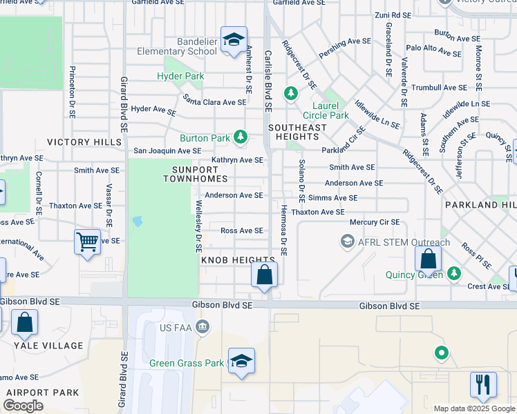 map of restaurants, bars, coffee shops, grocery stores, and more near 3526 Thaxton Avenue Southeast in Albuquerque
