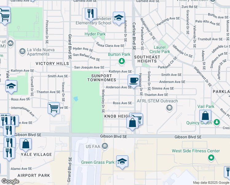 map of restaurants, bars, coffee shops, grocery stores, and more near 3502 Thaxton Avenue Southeast in Albuquerque