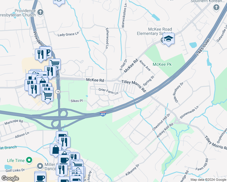 map of restaurants, bars, coffee shops, grocery stores, and more near 10450 Columbia Crest Court in Charlotte