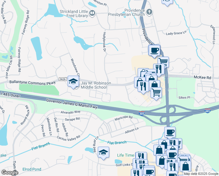 map of restaurants, bars, coffee shops, grocery stores, and more near 10719 Annalexa Lane in Charlotte