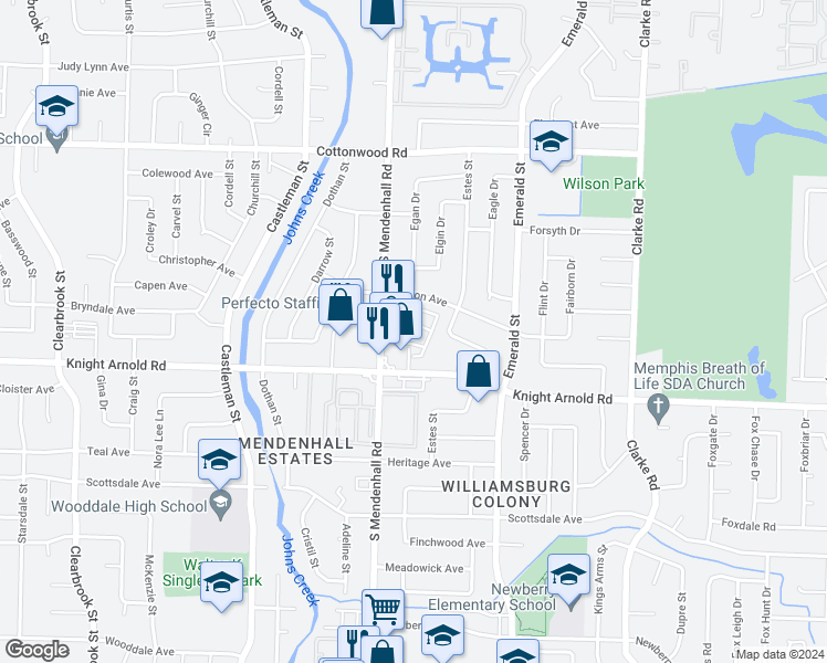 map of restaurants, bars, coffee shops, grocery stores, and more near 5375 Sparrow Wood Lane in Memphis