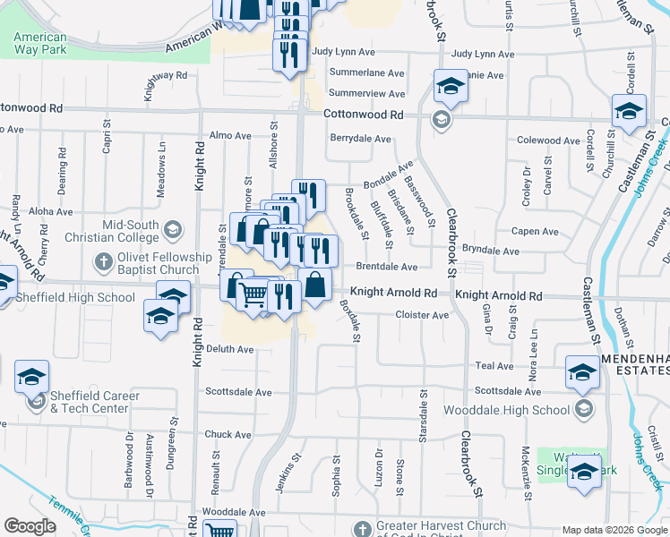 map of restaurants, bars, coffee shops, grocery stores, and more near 4790 Knight Arnold Road in Memphis