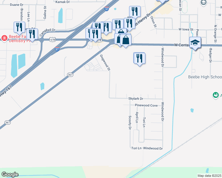 map of restaurants, bars, coffee shops, grocery stores, and more near 307 Dogwood Street in Beebe