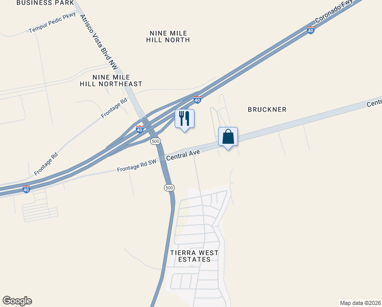 map of restaurants, bars, coffee shops, grocery stores, and more near 15054 Central Avenue Northwest in Albuquerque