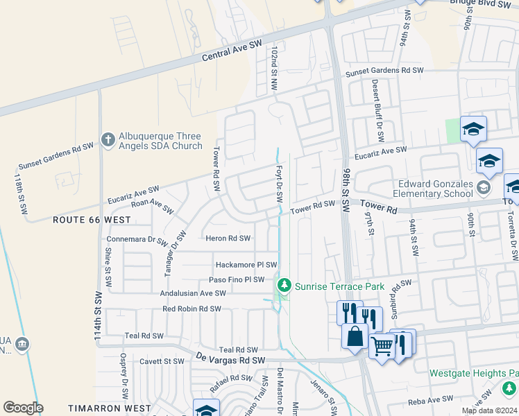 map of restaurants, bars, coffee shops, grocery stores, and more near 10405 Andretti Avenue Southwest in Albuquerque