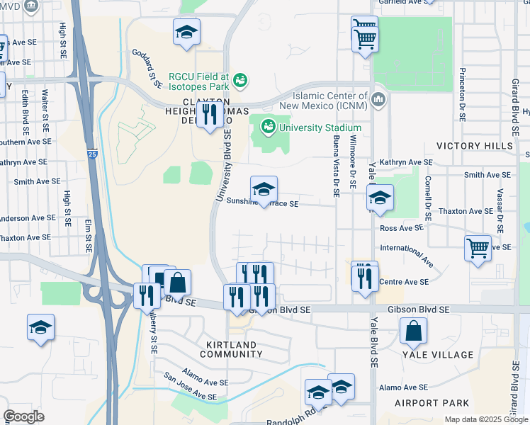 map of restaurants, bars, coffee shops, grocery stores, and more near 1700 Sunshine Terrace Southeast in Albuquerque