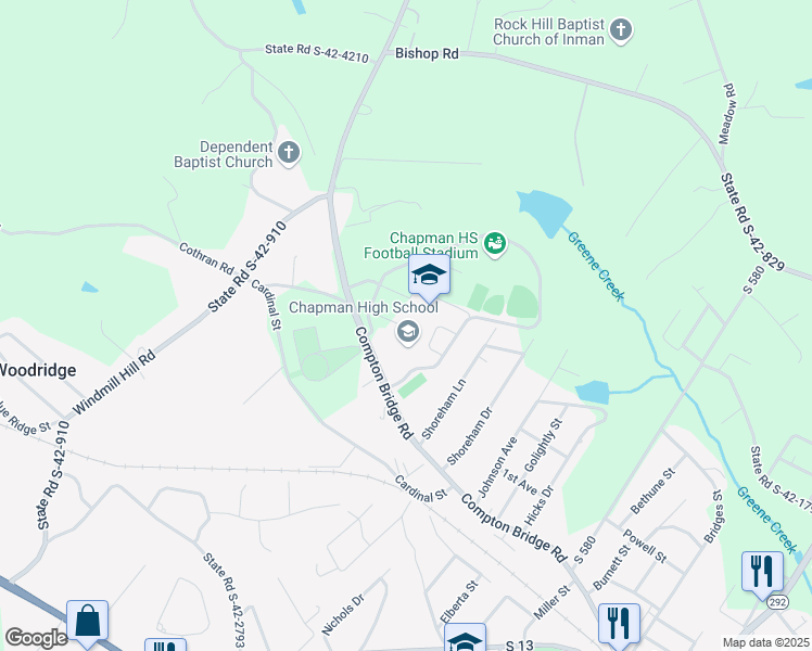 map of restaurants, bars, coffee shops, grocery stores, and more near 1420 Compton Bridge Road in Inman