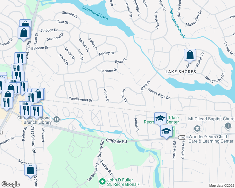 map of restaurants, bars, coffee shops, grocery stores, and more near 495 Stiles Place in Fayetteville