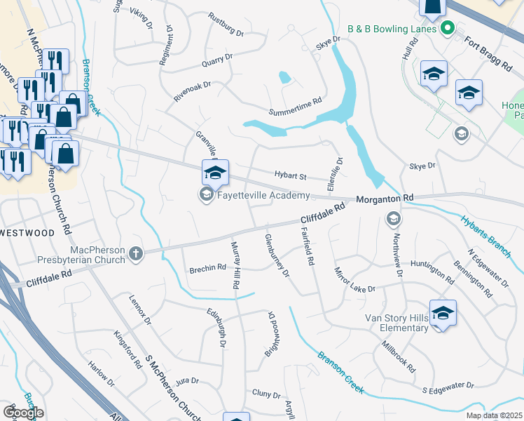 map of restaurants, bars, coffee shops, grocery stores, and more near 3102 Cliffdale Road in Fayetteville