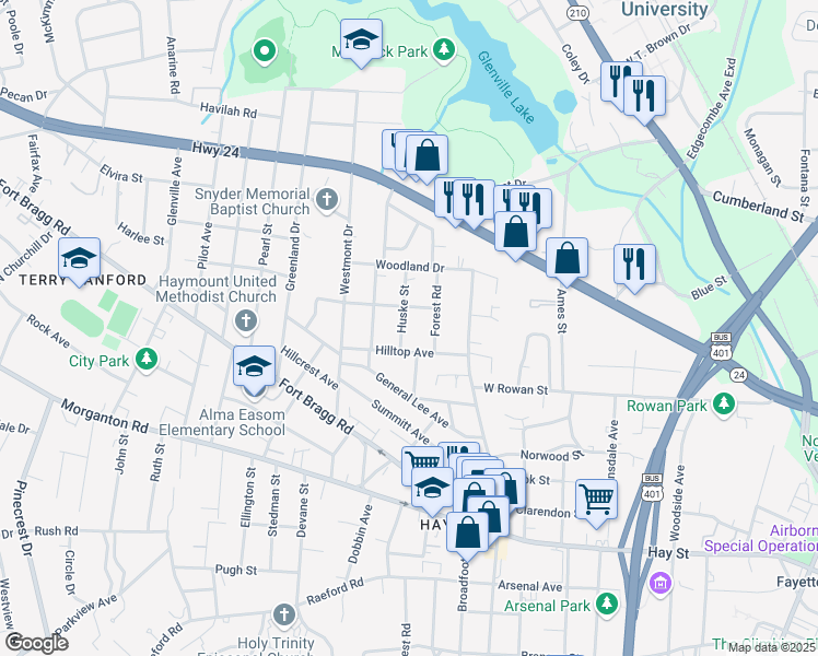 map of restaurants, bars, coffee shops, grocery stores, and more near 508 Huske Street in Fayetteville