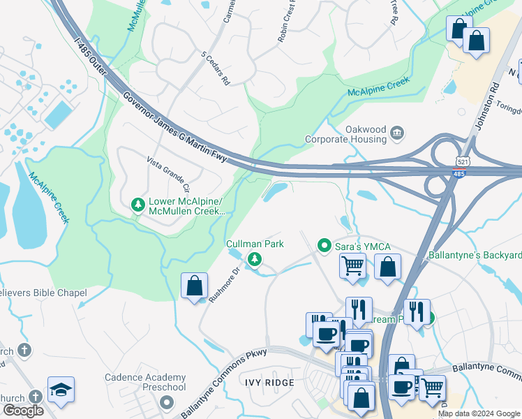 map of restaurants, bars, coffee shops, grocery stores, and more near 13856 Ballantyne Corporate Place in Charlotte