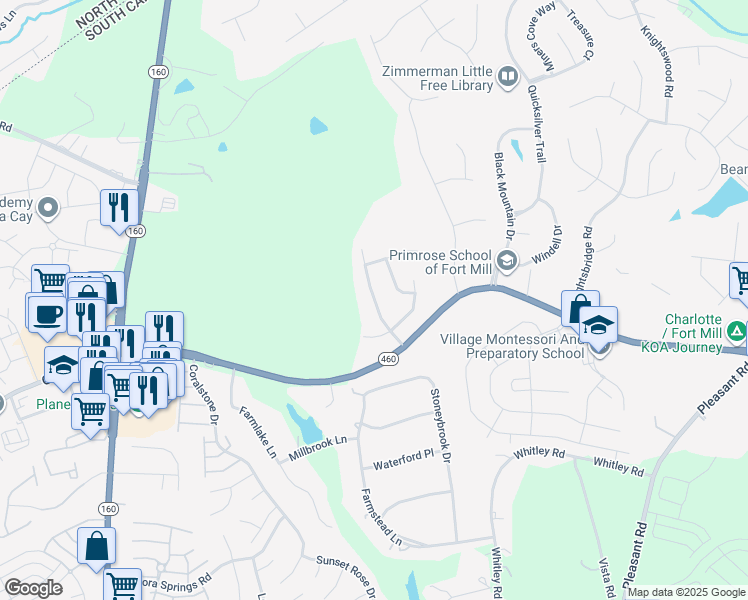 map of restaurants, bars, coffee shops, grocery stores, and more near 1135 Spicewood Pines Road in Fort Mill