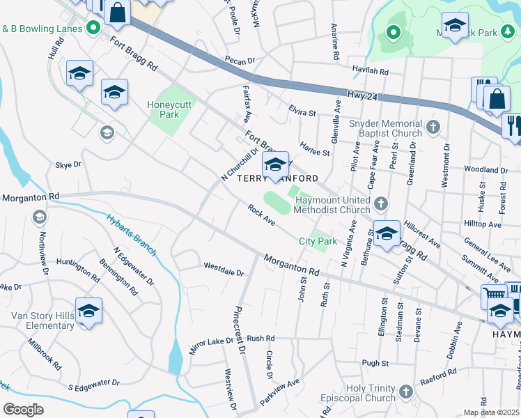 map of restaurants, bars, coffee shops, grocery stores, and more near 2114 Rock Avenue in Fayetteville