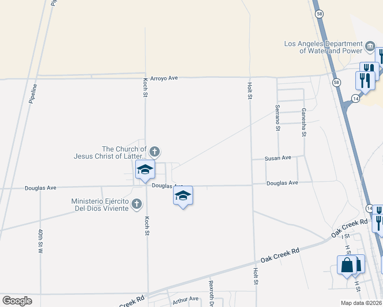 map of restaurants, bars, coffee shops, grocery stores, and more near Susan Avenue in Mojave