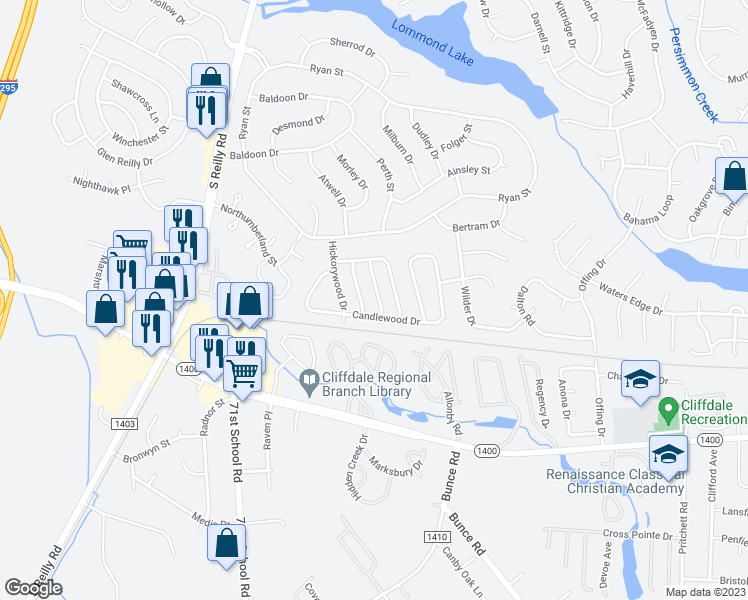 map of restaurants, bars, coffee shops, grocery stores, and more near 536 Hollyberry Lane in Fayetteville